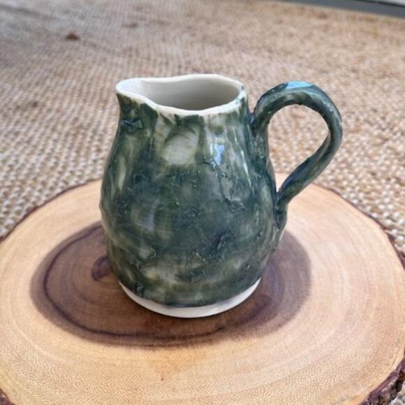 Signed Pottery Small Green Textured Pitcher Vase handmade - Picture 2 of 7